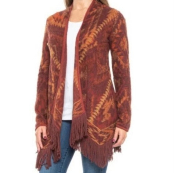 Lucky Brand Fringe Drape Aztec Southwest Western Cardigan Orange Red large - Picture 1 of 9